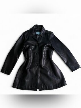 Vintage Authentic Nine West Retro Y2K Black Genuine Leather Large Trench Coat